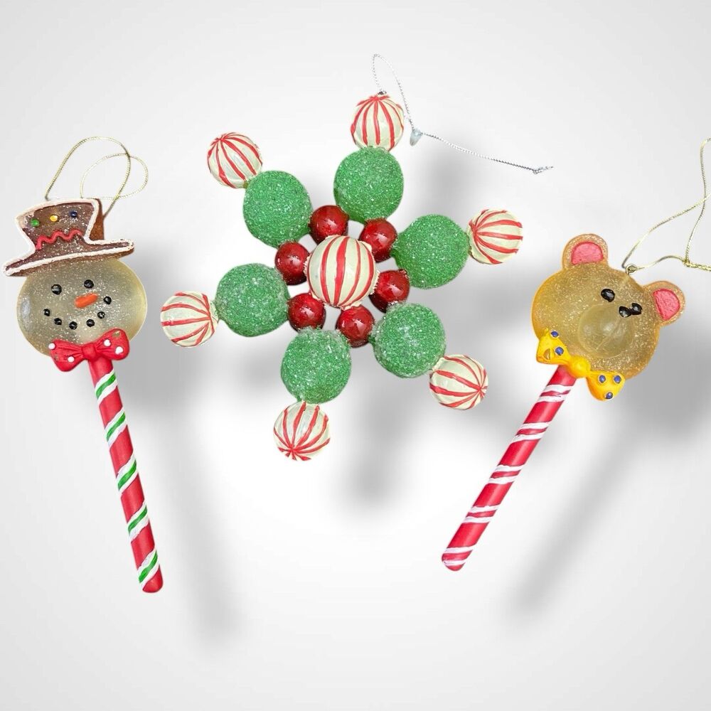 3 Vintage Christmas Ornaments Lot Lollipop Snowman Bear Snowflake Candy Novelty